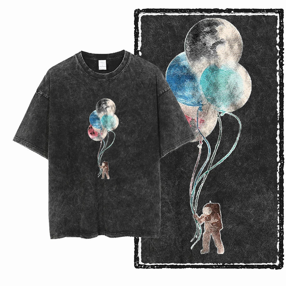 ASTRONAUT SPACE THEMES Printed Cotton Acid Washed Graphic T Shirt