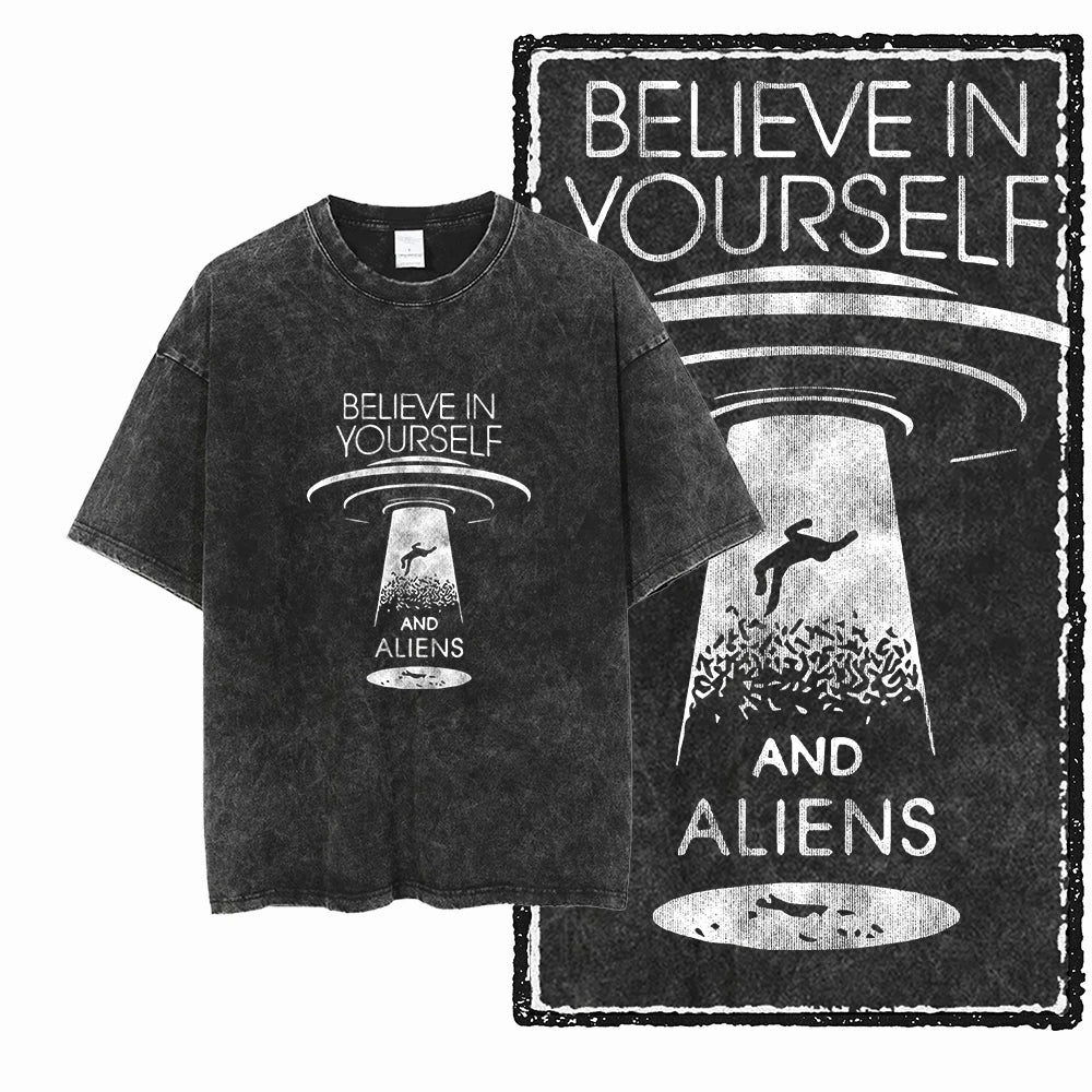 ASTRONAUT SPACE THEMES Printed Cotton Acid Washed Graphic T Shirt