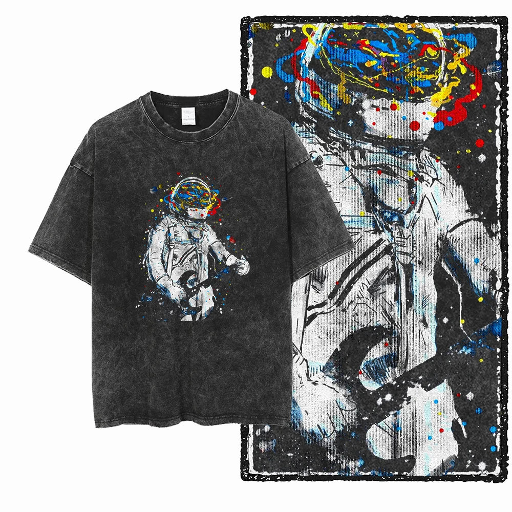ASTRONAUT SPACE THEMES Printed Cotton Acid Washed Graphic T Shirt