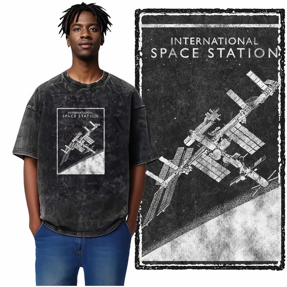 ASTRONAUT SPACE THEMES Printed Cotton Acid Washed Graphic T Shirt