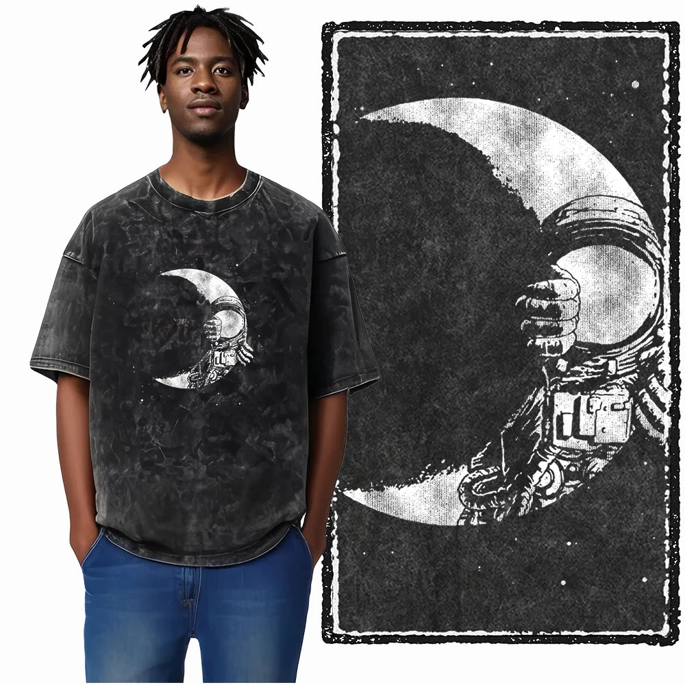 ASTRONAUT SPACE THEMES Printed Cotton Acid Washed Graphic T Shirt