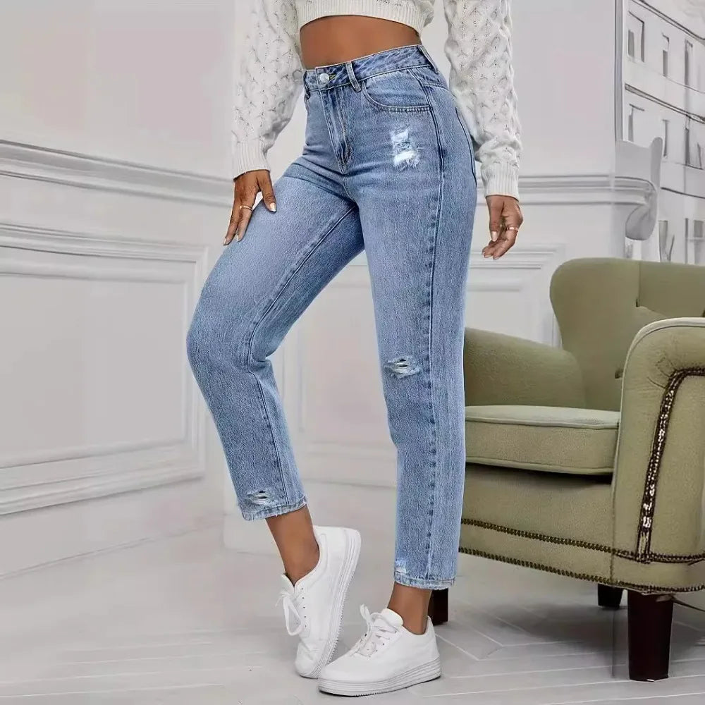 Casual Washed Ripped Jeans for Women Spring and Summer New Fashion Straight Nine Minutes of Pants Women