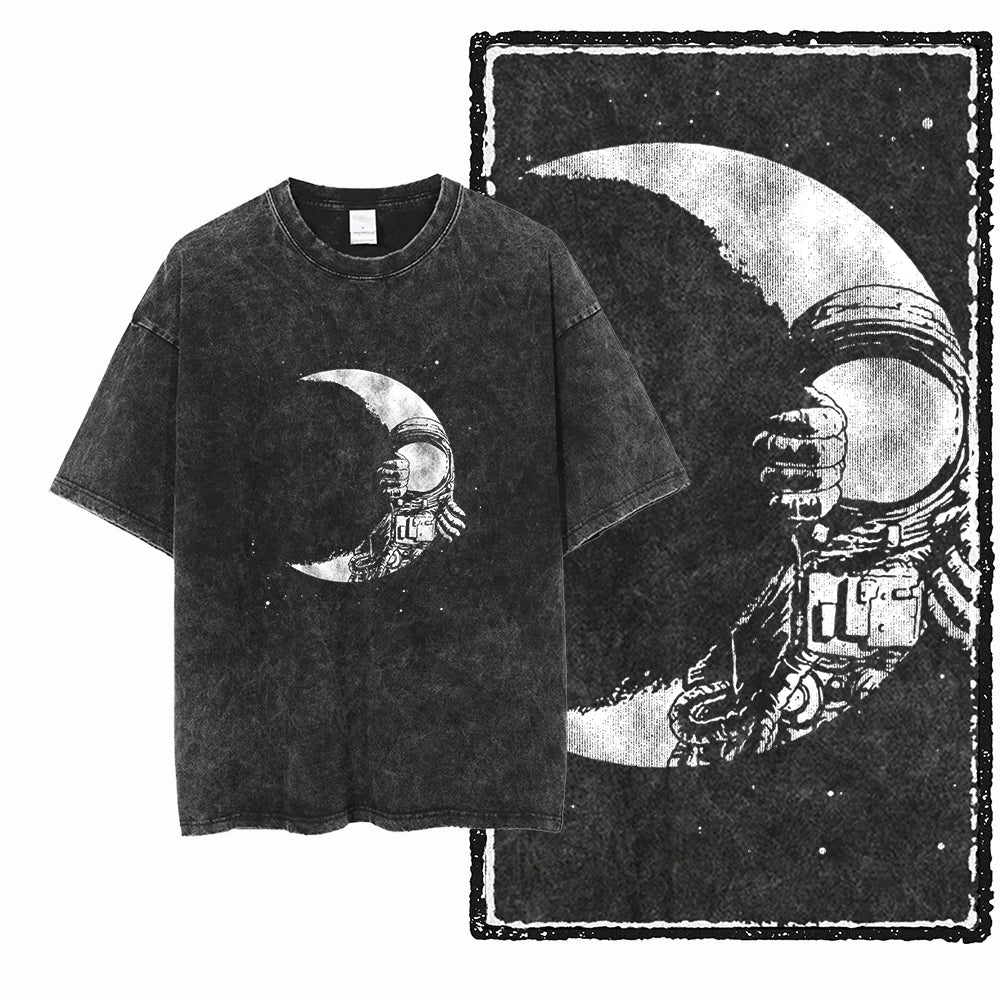 ASTRONAUT SPACE THEMES Printed Cotton Acid Washed Graphic T Shirt