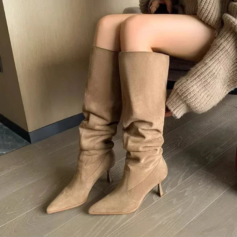 Women Pointed Toe Thin High Heels Ankle Boots  Autumn Fashion Pleated Cowboy Women Faux Suede Woman Slip on Western Botas