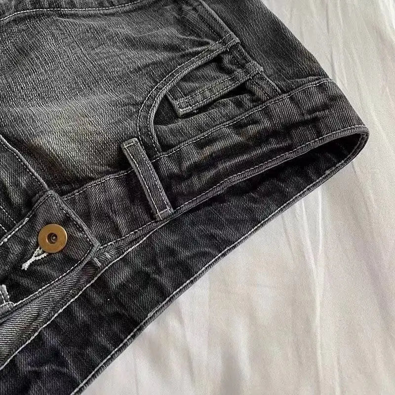 Vintage Denim Shorts Women Black Grey Washed Low Waist Elastic Shorts Jeans