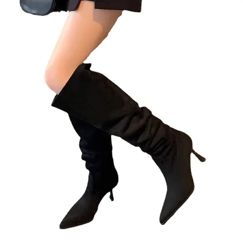 Women Pointed Toe Thin High Heels Ankle Boots  Autumn Fashion Pleated Cowboy Women Faux Suede Woman Slip on Western Botas