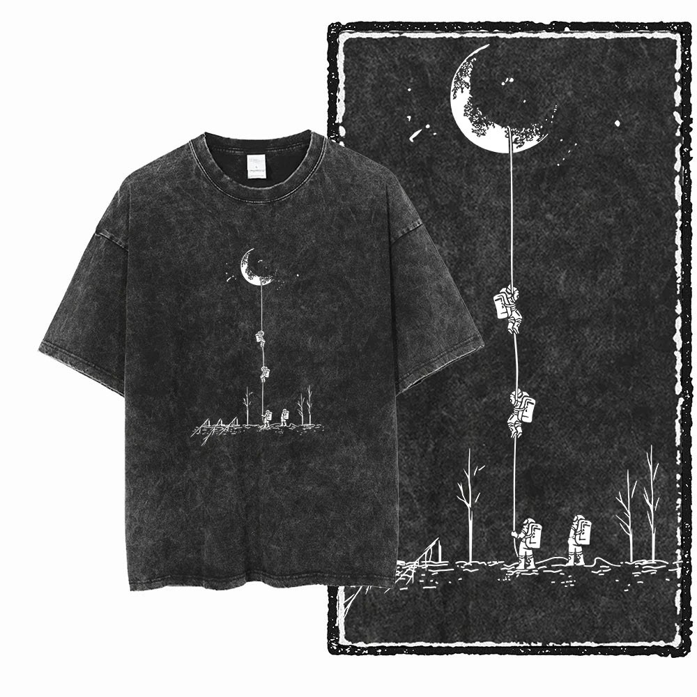 ASTRONAUT SPACE THEMES Printed Cotton Acid Washed Graphic T Shirt