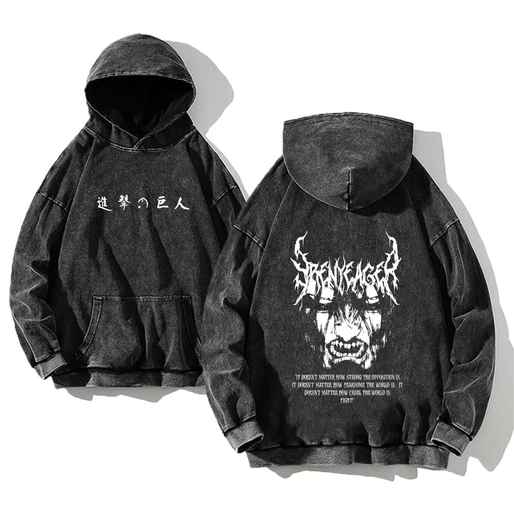 Vintage Washed Hoodies Attack on Titan Cotton Women Men