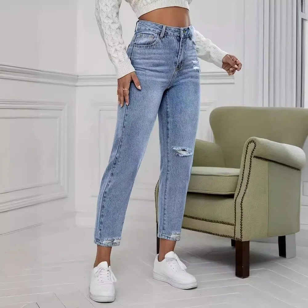 Casual Washed Ripped Jeans for Women Spring and Summer New Fashion Straight Nine Minutes of Pants Women