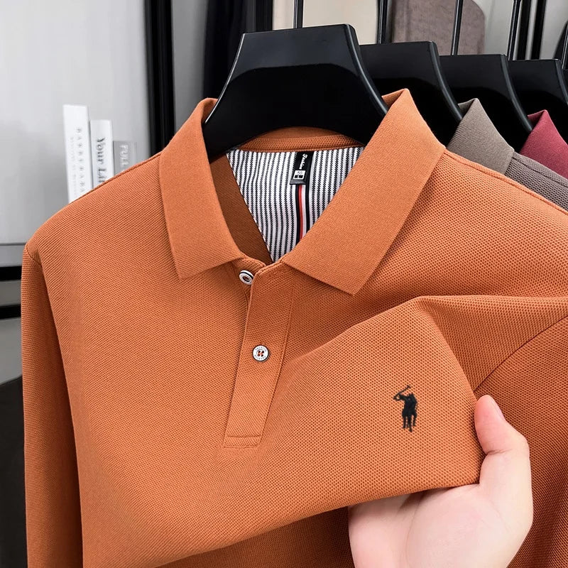 100% pure cotton men's fashion sports brand embroidered pony long sleeved POLO shirt