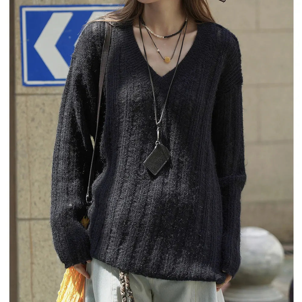 2025 New Women Soft Materail Pullovers V-Neck Autumn Women Sweater Clothes Knitted Pullovers Long Sleeve Sweater Pull Femme