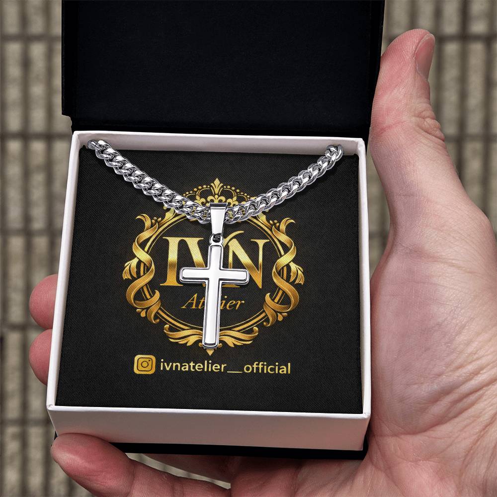 Luxury Artisan Cross Pendant  Stainless Steel Cuban Link Chain 18K Gold Finish Available