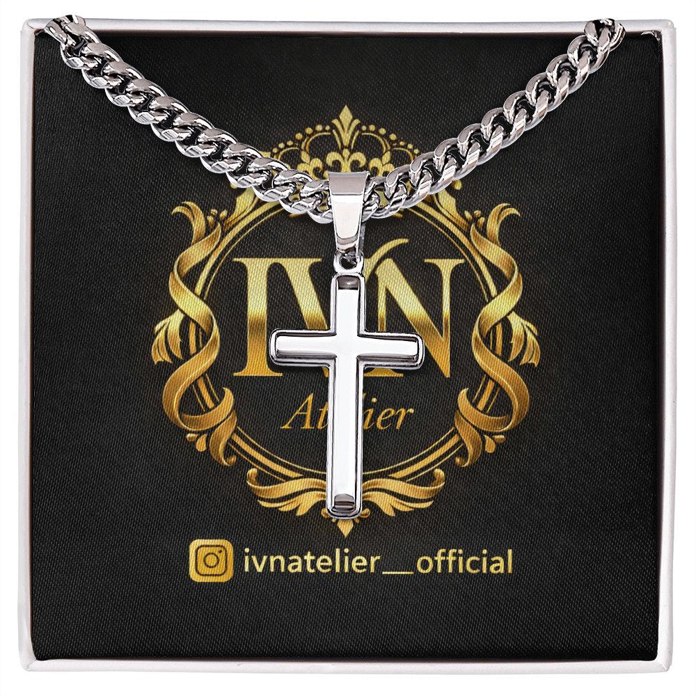 Luxury Artisan Cross Pendant  Stainless Steel Cuban Link Chain 18K Gold Finish Available