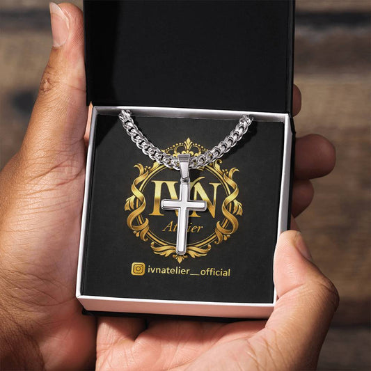Luxury Artisan Cross Pendant  Stainless Steel Cuban Link Chain 18K Gold Finish Available