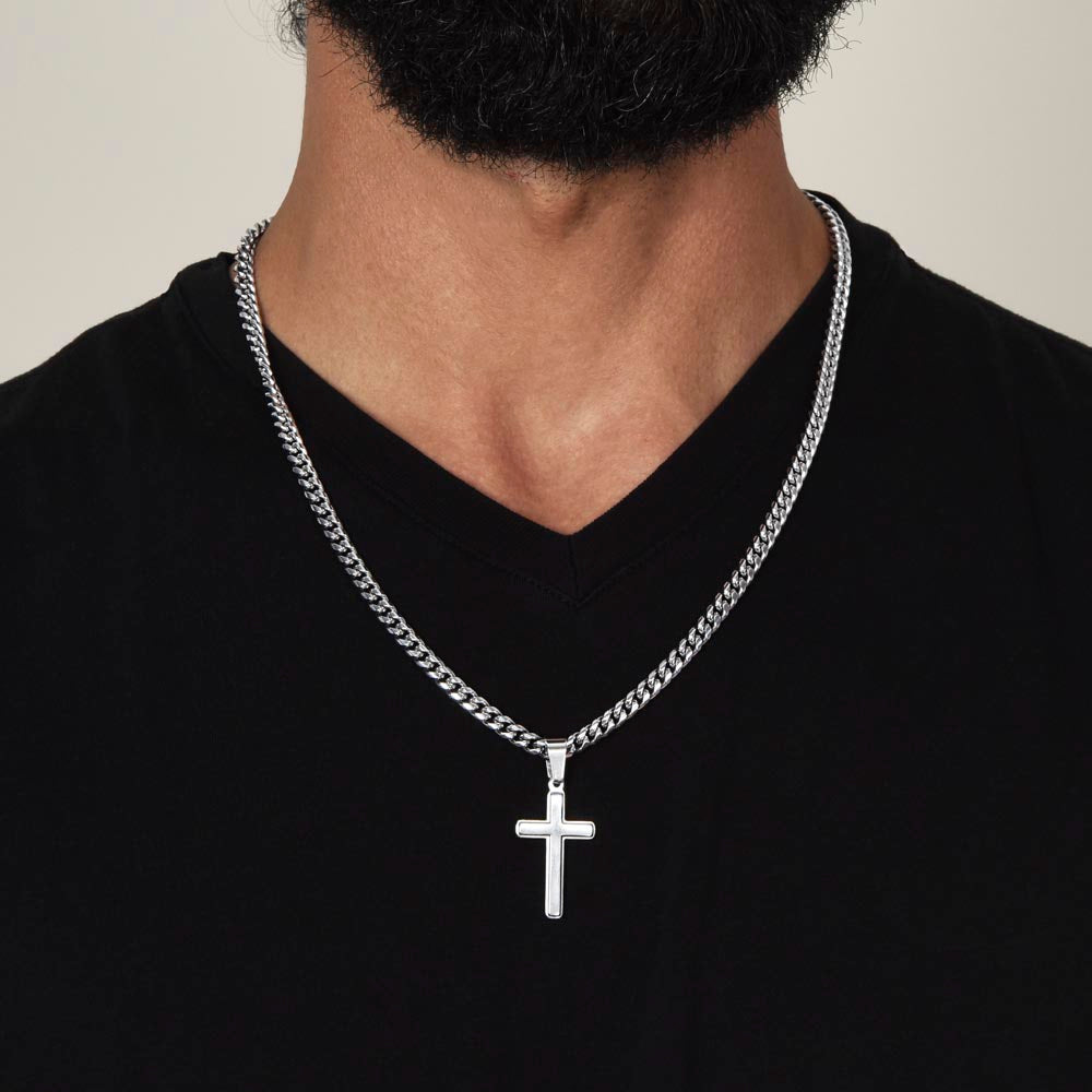 Luxury Artisan Cross Pendant  Stainless Steel Cuban Link Chain 18K Gold Finish Available