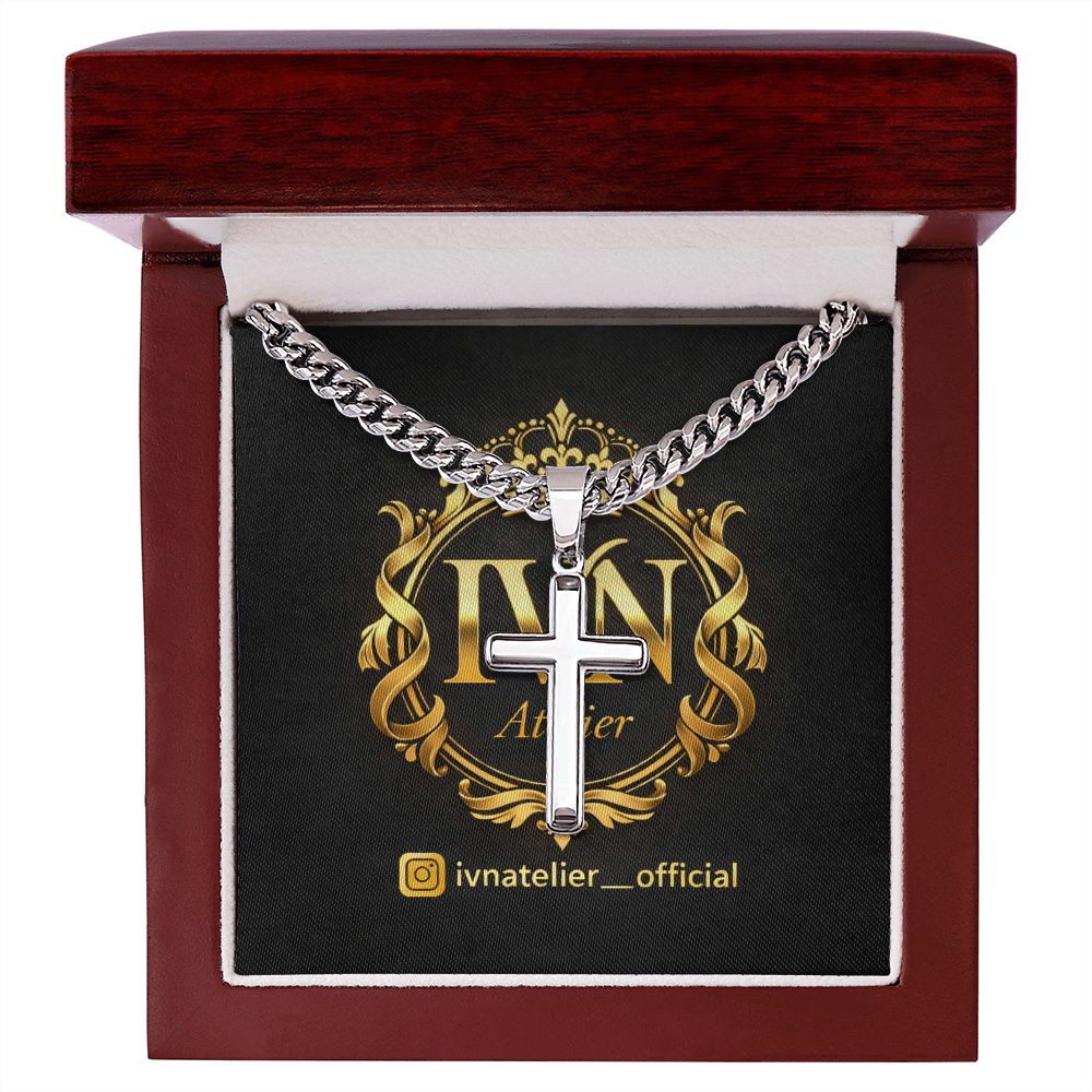 Luxury Artisan Cross Pendant  Stainless Steel Cuban Link Chain 18K Gold Finish Available