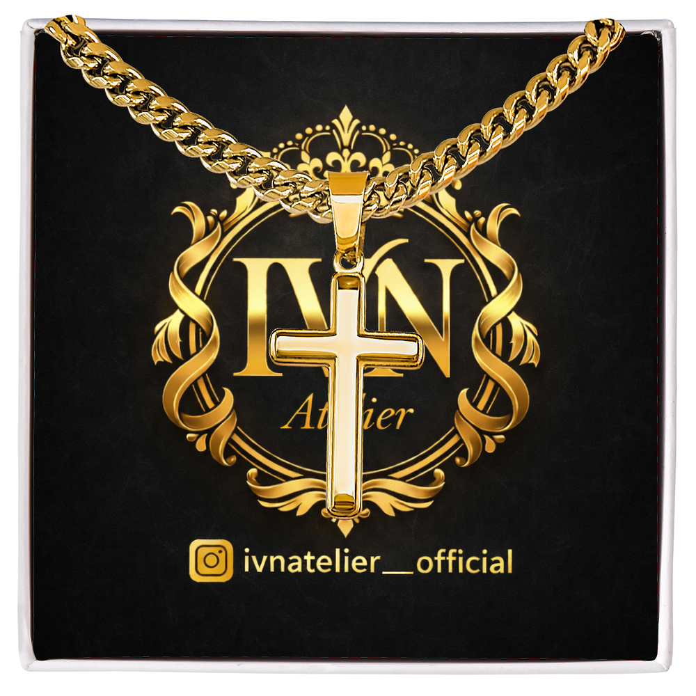 Luxury Artisan Cross Pendant  Stainless Steel Cuban Link Chain 18K Gold Finish Available