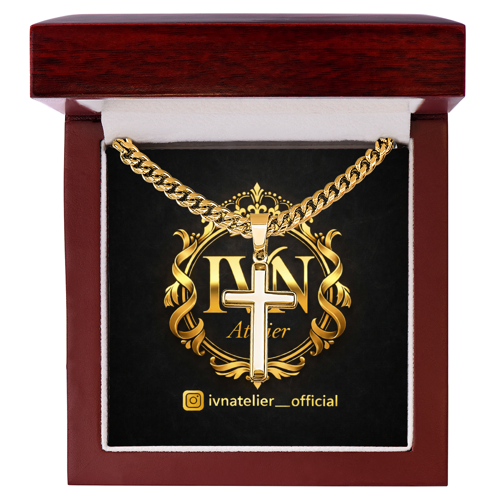 Luxury Artisan Cross Pendant  Stainless Steel Cuban Link Chain 18K Gold Finish Available