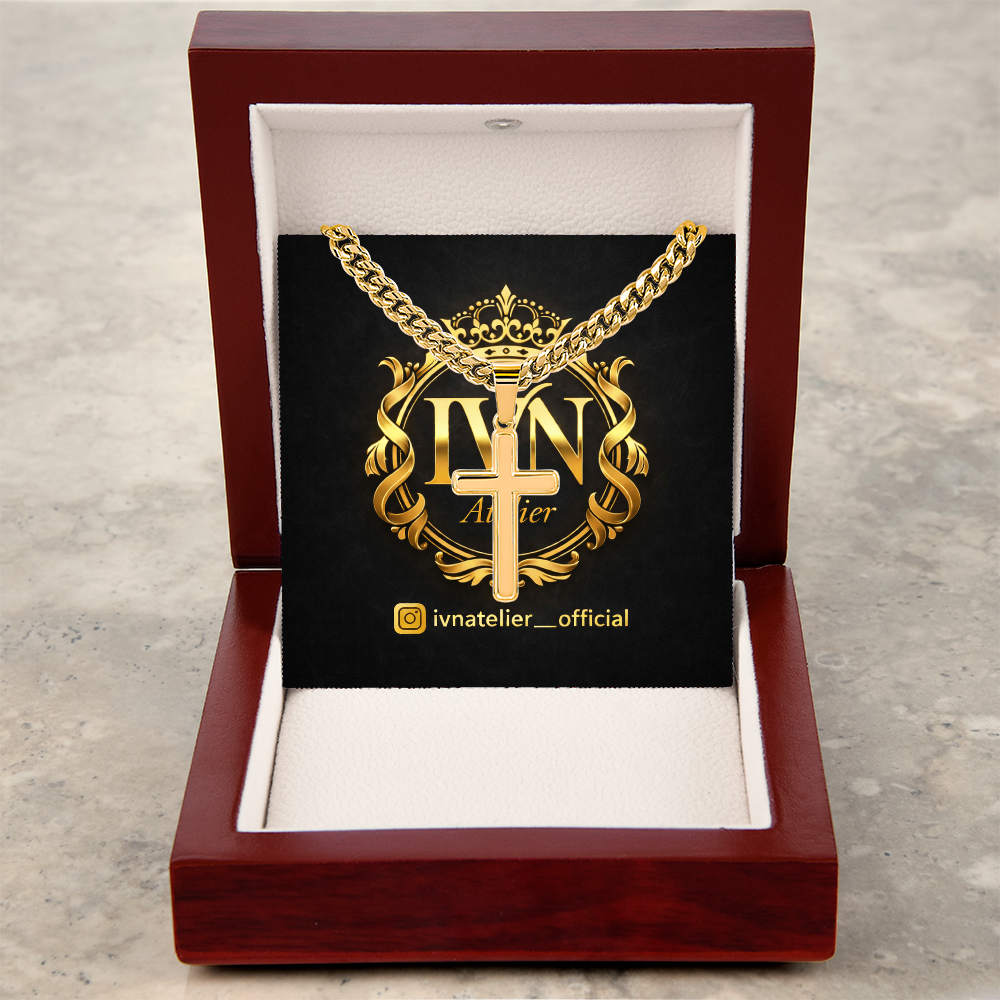 Luxury Artisan Cross Pendant  Stainless Steel Cuban Link Chain 18K Gold Finish Available